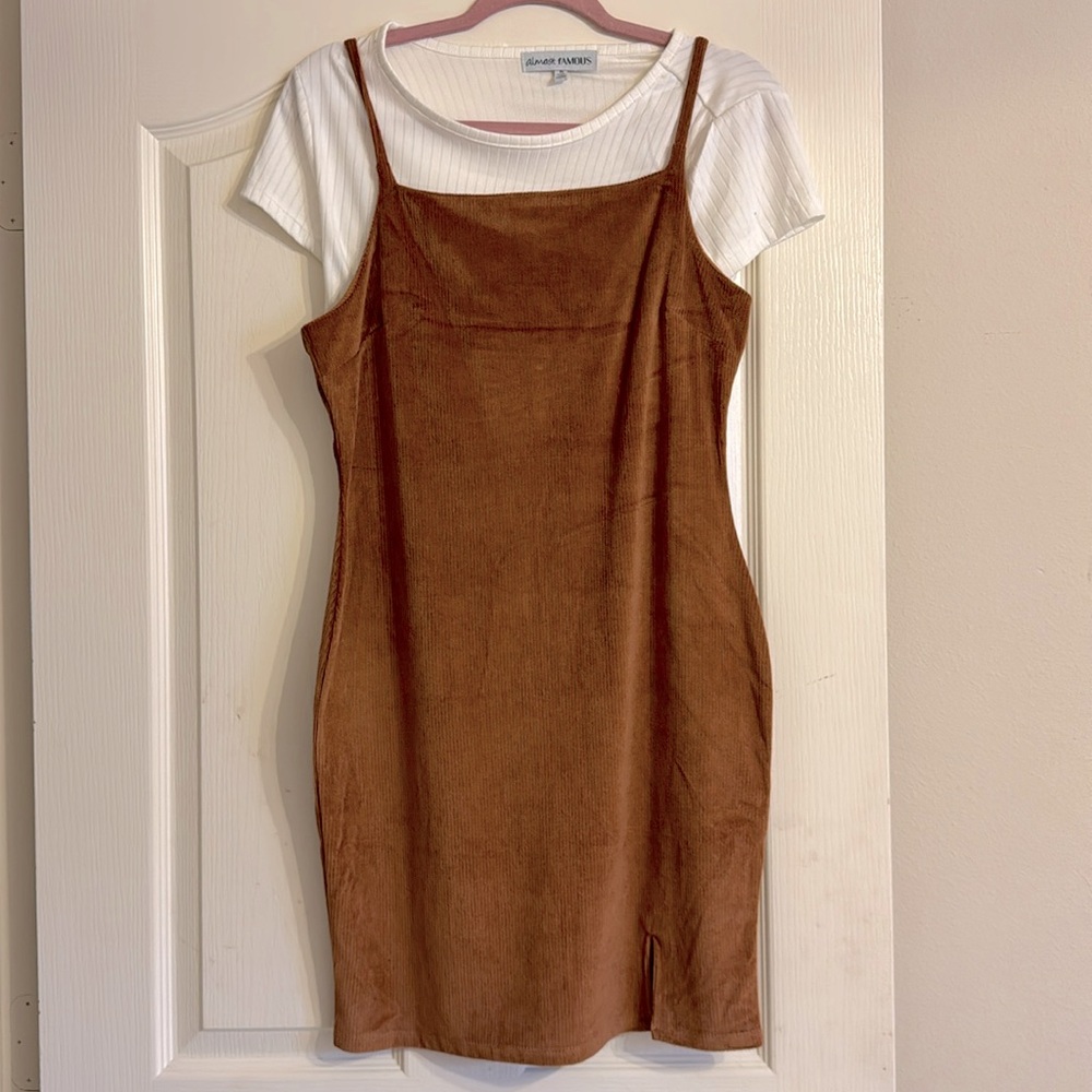 Brown string dress with white undershirt